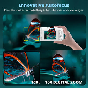 4K Digital Camera For Photography, UHD Autofocus 48MP 180 Flip Screen 16X Zoom Compact Point Shoot Vlogging Camera For YouTube