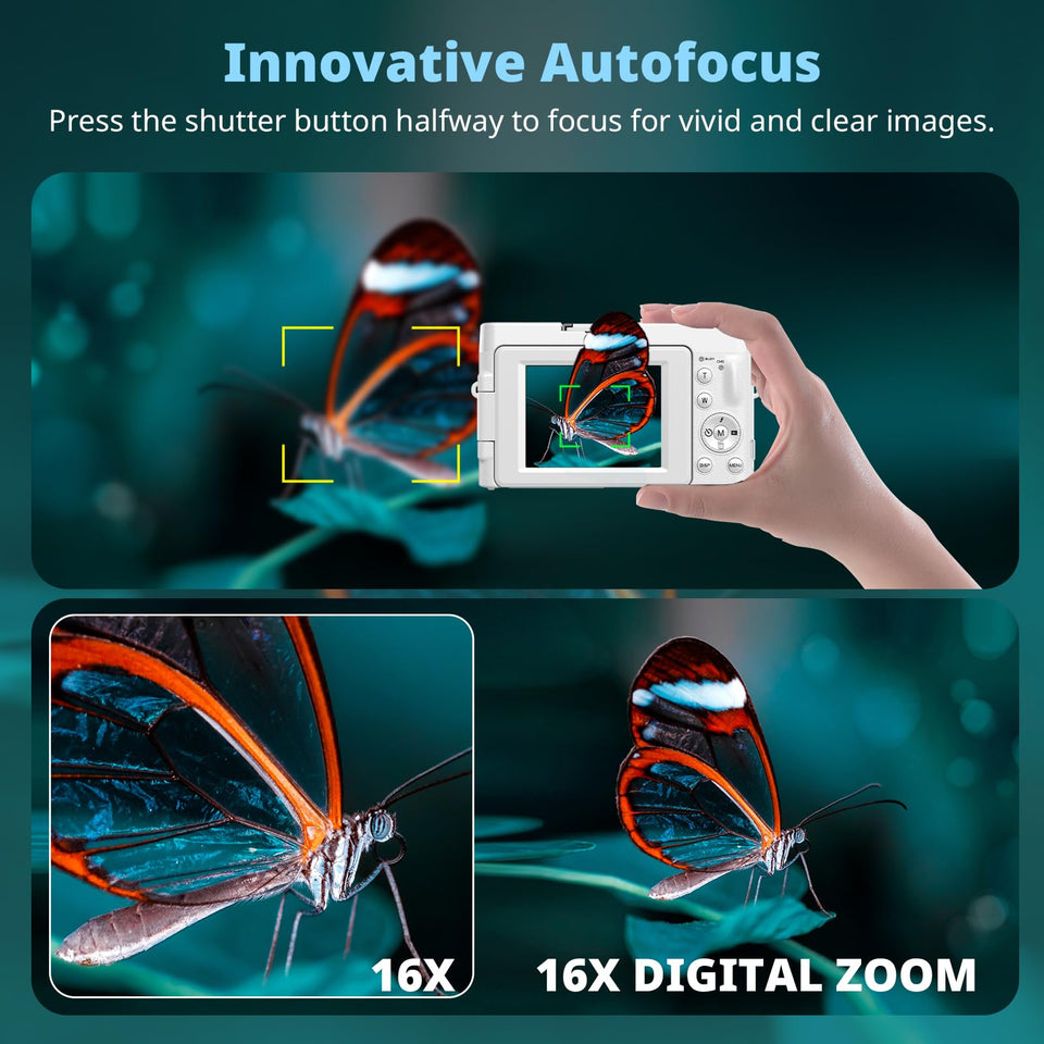4K Digital Camera For Photography, UHD Autofocus 48MP 180 Flip Screen 16X Zoom Compact Point Shoot Vlogging Camera For YouTube
