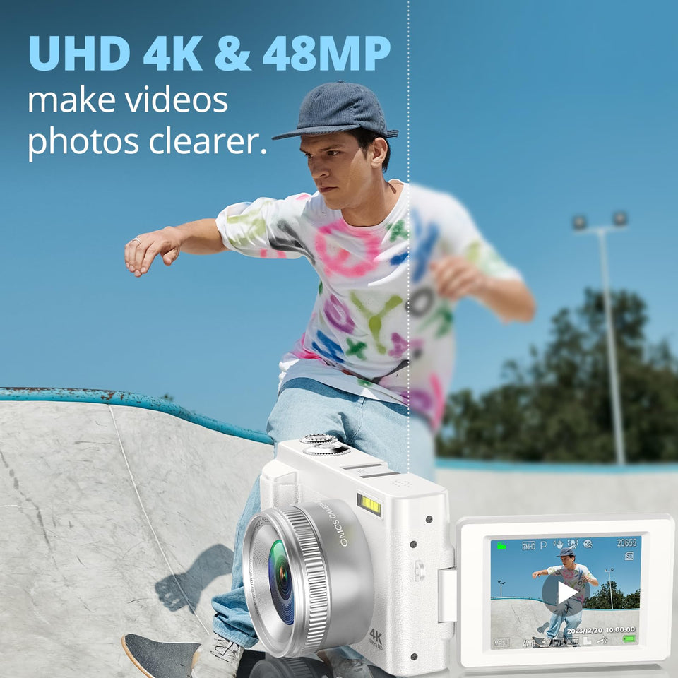 4K Digital Camera For Photography, UHD Autofocus 48MP 180 Flip Screen 16X Zoom Compact Point Shoot Vlogging Camera For YouTube